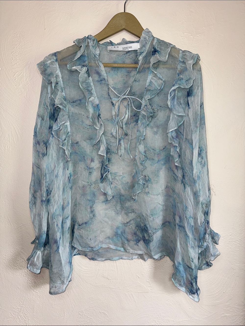 IRO Cruis Blue Watercolor Ruffle Lace Up Blouse 34 XS